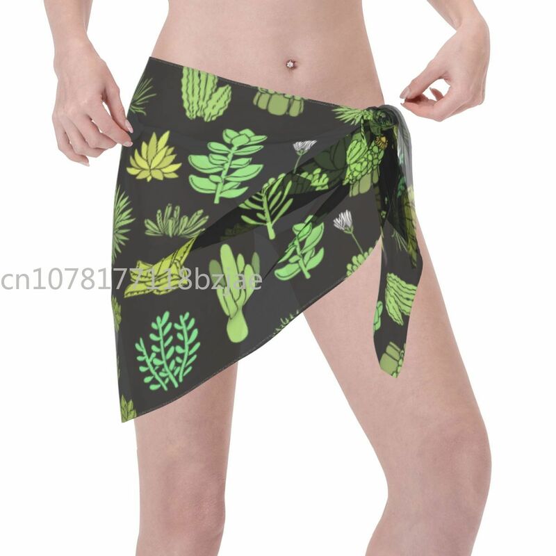 Traje de baño corto de plantas suculentas y Cactus para mujer, pareo de falda transparente con cordones, Bikini de playa