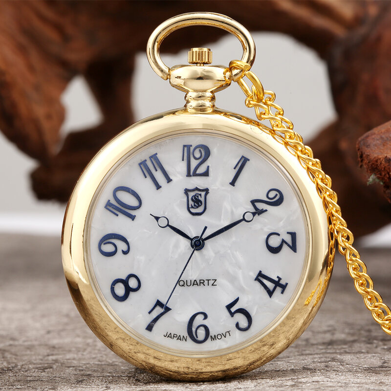 Reloj de bolsillo dorado, reloj de bolsillo de cuarzo Universal, resistente al agua, movimiento de cuarzo japonés, números arábigos, esfera dorada