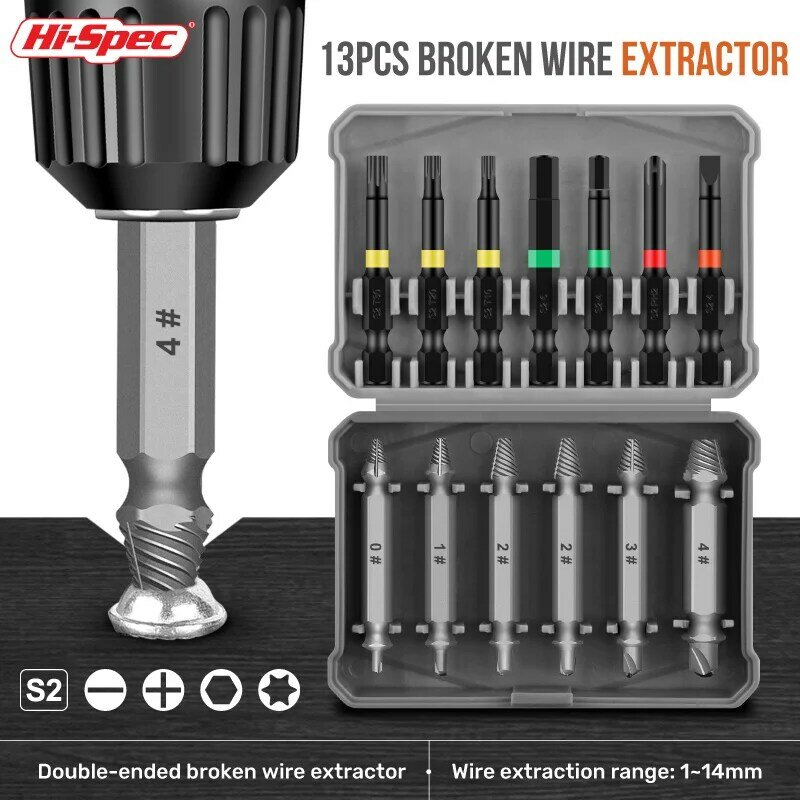 Mini 6 + 7 peças duplo-end extrator 0 #-4 #, fio disjuntor & s2 chave de fenda, T10-T20-T30-H4-H6-PH2-SL4 parafusos removedor ferramenta novo design