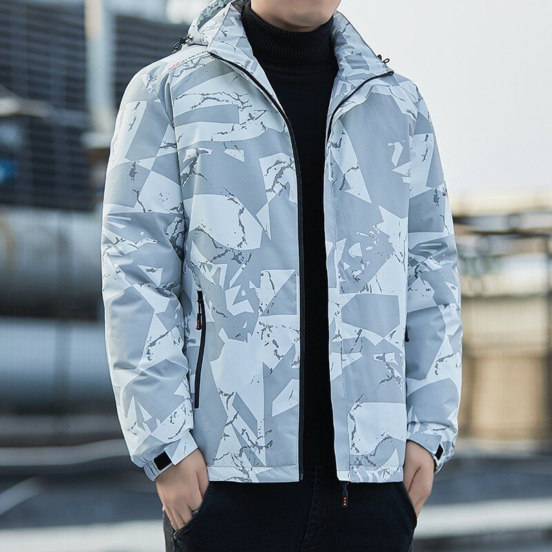 Jaqueta masculina espessa de pelúcia, jaqueta de algodão, estilo pós-moderno estampado, gola alta, moda moderna, 2023