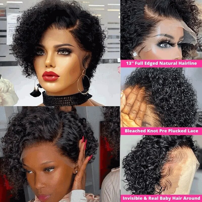 Short Bob Curly Pixie Cut Wig Human Hair 13X1 HD Transparent Lace Human Hair Wigs Remy Deep Water Curly Lace Wig Pre Plucked