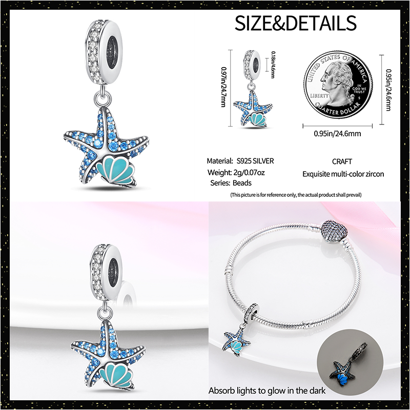 Cuentas luminosas de Plata de Ley 925 para fabricación de joyas, abalorios con forma de pez azul, estrellas luciérnagas, aptas para pulsera Pandora Original