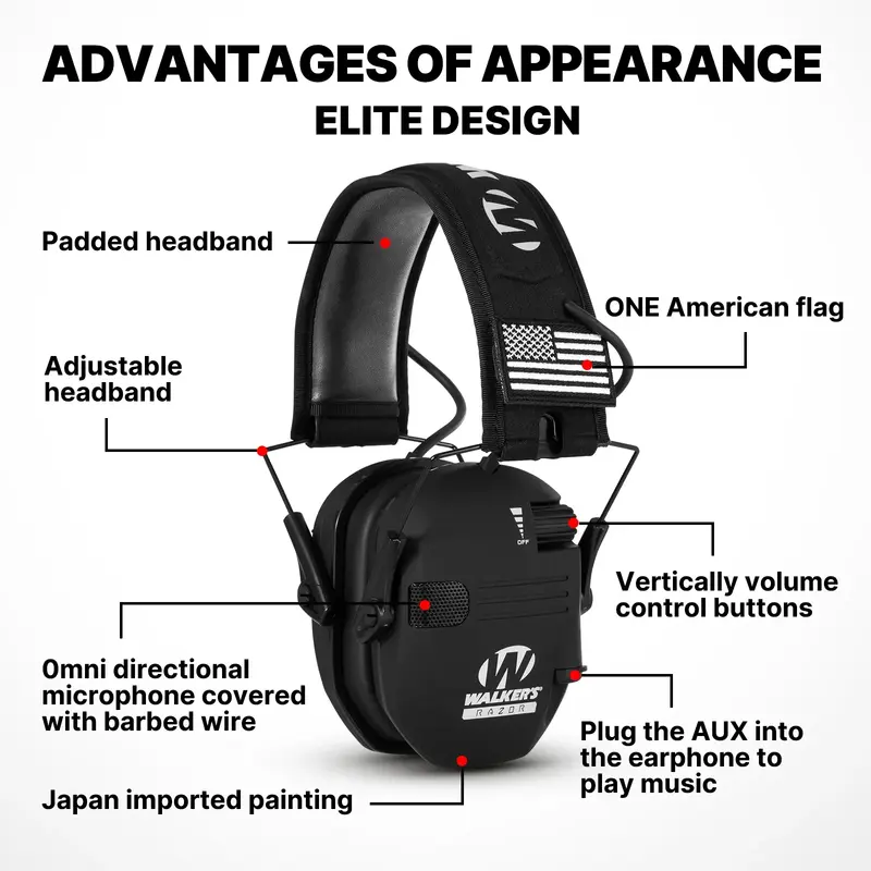 Hight Quality For Walkers Razor Slim Shooting Ear Protection Muffs with NRR 23 dB 2X Flag Patches FAST SHIP