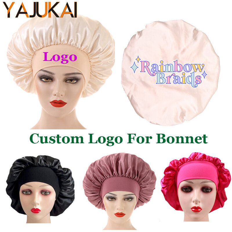 Bonnet en satin avec logo imprimé personnalisé pour femmes et filles, bonnet de nuit élastique, bonnet de bain monochrome, bonnets pour cheveux, bonnet de douche, document élégant, 5 pièces