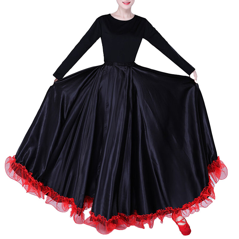 Falda de baile de toro Flamenco español para mujer, falda completa de danza del vientre, dobladillo con volantes, gran Swing, disfraz de Flamenco, maxifalda de satén