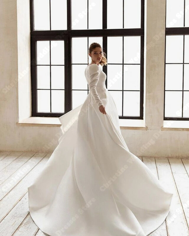 Sederhana Satin wanita gaun pengantin terbaru A-line lengan panjang mengepel panjang gaun pernikahan putri Formal pesta pantai jubah