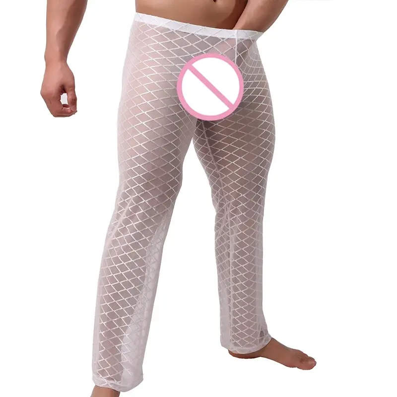 Mężczyźni seksowne przejrzeć długie spodnie piżamy spodnie do spania majtki domowe seksowne męskie spodnie Lounge Pant moda przezroczysta męska piżama bielizna