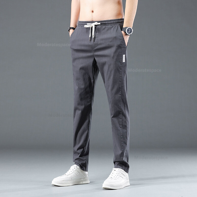 Brand Men Casual Pants Cotton Drawstring Elastic Waist Blue Green Grey Black Stretch Jogging Trousers Male Clothes