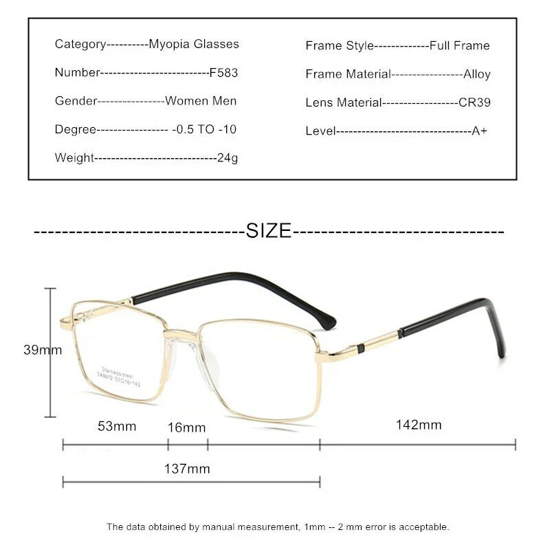 Niestandardowe okulary na receptę dla krótkowzroczności -0,5 do -10 Mężczyźni Kobiety Ramka ze stopu Okulary Niebieskie światło blokujące lub soczewki fotochromowe F583