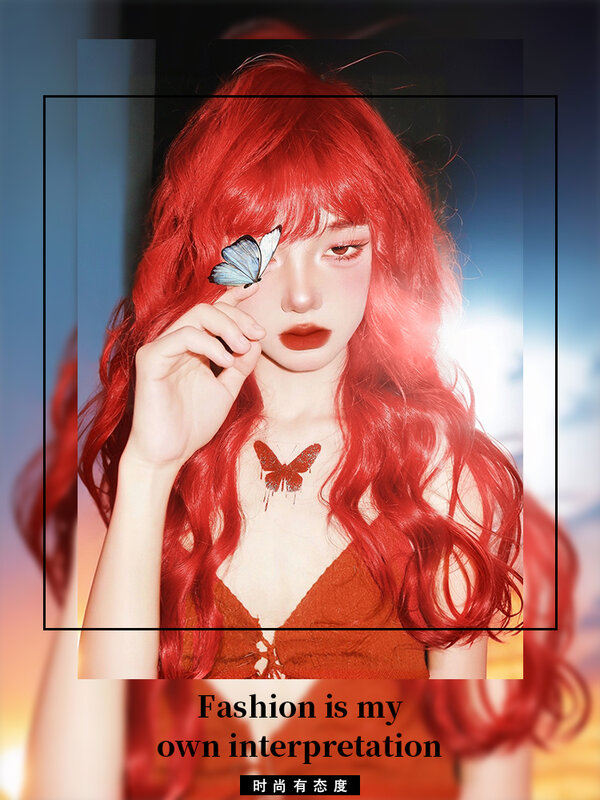 Peruka damska długie włosy lato pokaz biało-czerwony Big Wave długie kręcone włosy Internet celebrytka Lolita grzywka na całą głowę peruka