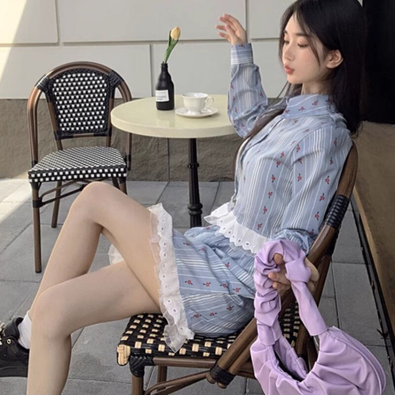Sweet Dresses Set for Women Lace Turn-down Collar Vintage Cute Flora Summer Soft Creativity Striped Button Korean Style