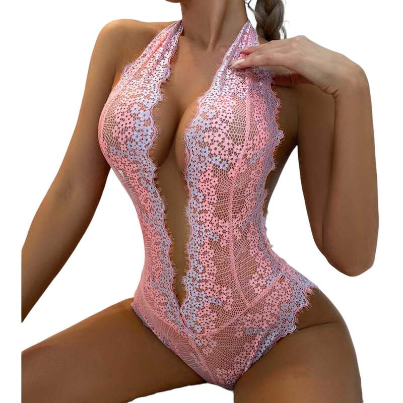 Body Sexy de encaje Floral para mujer, lencería transparente, picardías, leotardo Capri, ropa de dormir sin mangas, 2023