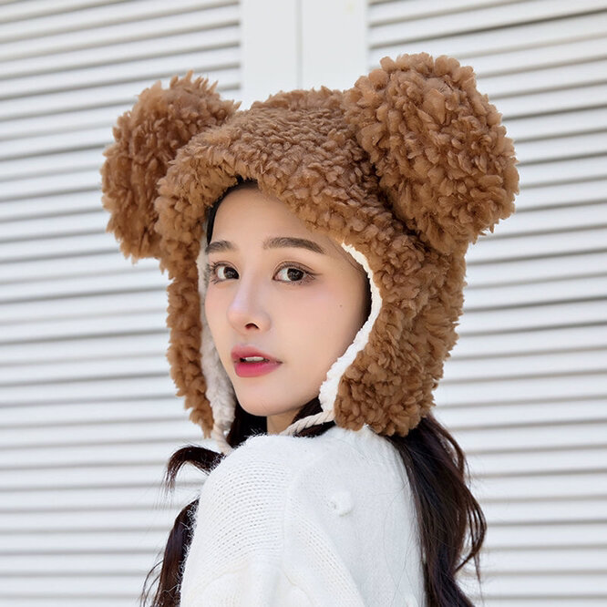 Winter Women Warm  Plush Thickened Cute Bear Hat Imitation Cashmere Girl Outdoor Cartoon Hat Interesting And Novel Beige