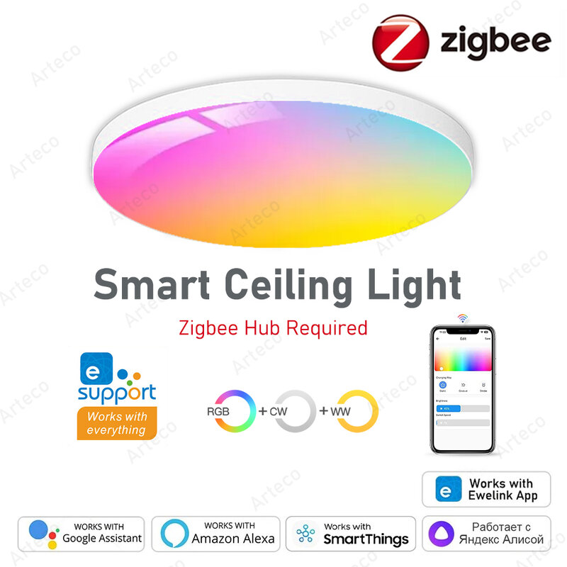 EWelink-Zigbee 3.0 luz de teto inteligente, lâmpada LED RGBCW, sala de estar, decoração de casa, lâmpada inteligente para Alexa, Google Home, 24W