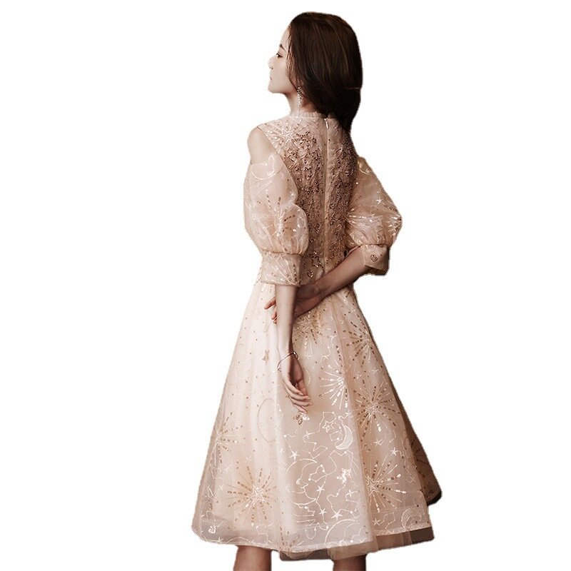 Платье-Ципао женское ТРАПЕЦИЕВИДНОЕ с открытыми плечами, пикантное вечернее платье с аппликацией, праздничное платье знаменитости с круглым вырезом для выпускного вечера