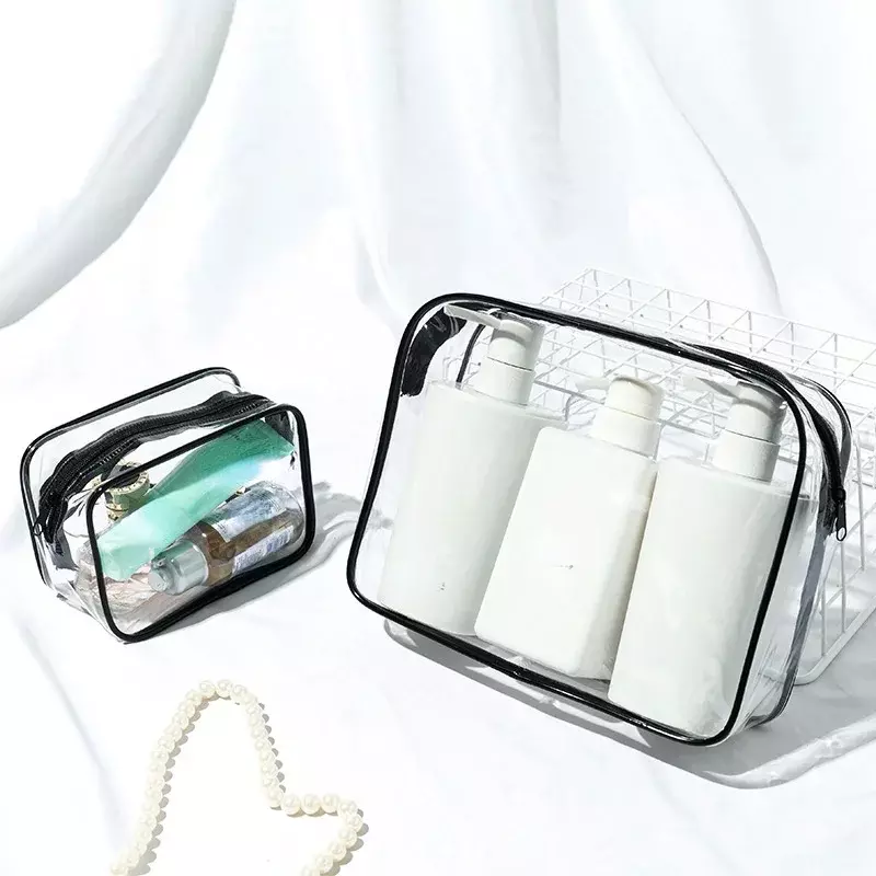 Bolsa de cosméticos transparente de viaje para hombres y mujeres, bolsa de maquillaje con cremallera negra transparente, caja organizadora, estuche impermeable para lavado de artículos de tocador