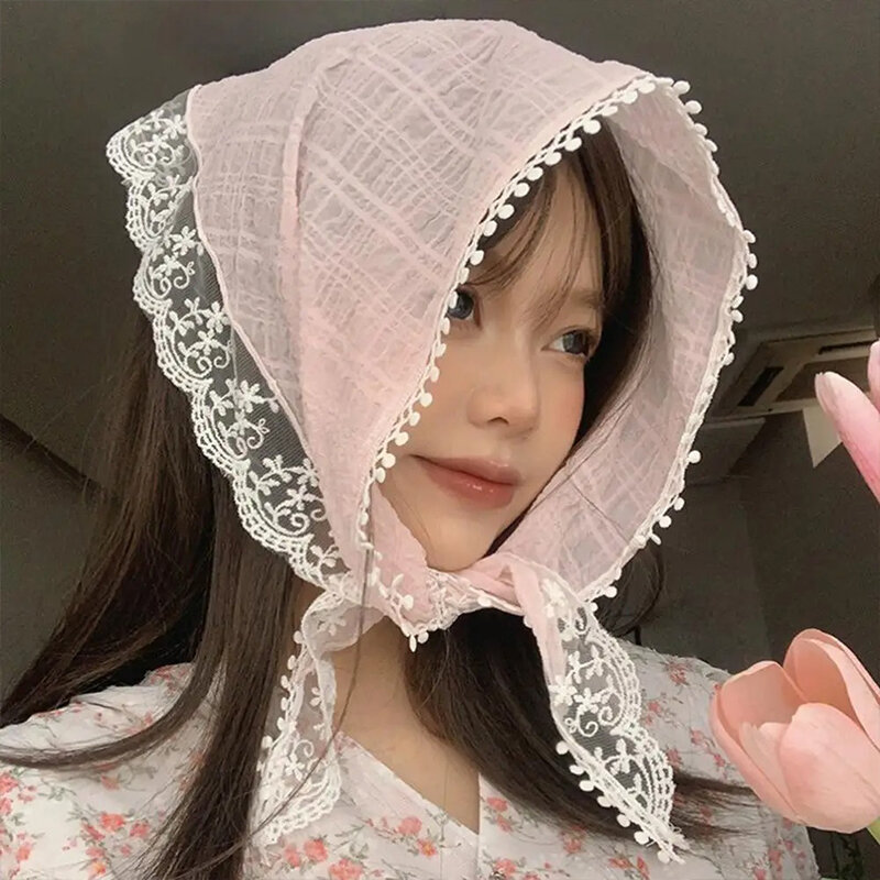 Women Retro Lace Hair Scarf Floral Print Transparent Headscarf Hat Triangle Hair Band New Ins Travel Photo Headband Accessories