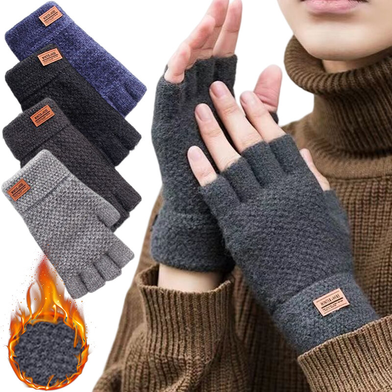 Guante de punto de medio dedo para hombre, guantes flexibles sin dedos, lana cálida Unisex, Color sólido, guantes antideslizantes para pantalla táctil al aire libre, Invierno