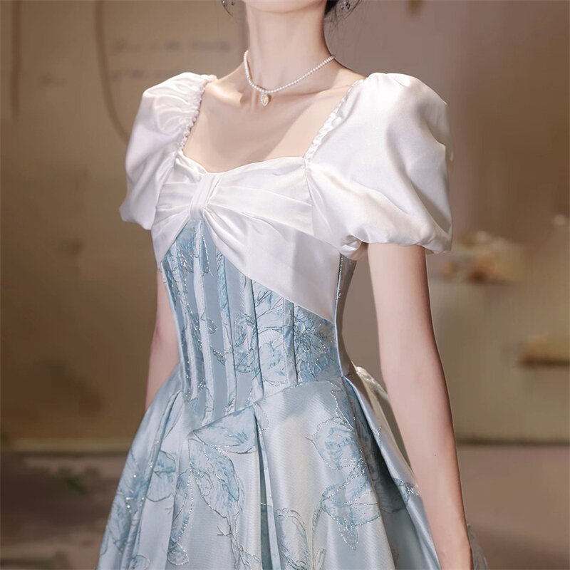 Французское синее вечернее платье, элегантное праздничное платье с открытыми плечами, длинное платье с пышными рукавами, женская одежда
