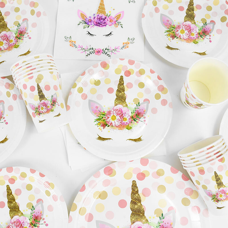 유니콘 파티 일회용 식기 세트 종이 접시 컵 냅킨 1 어린이 유니콘 생일 파티 장식 용품 베이비 샤워