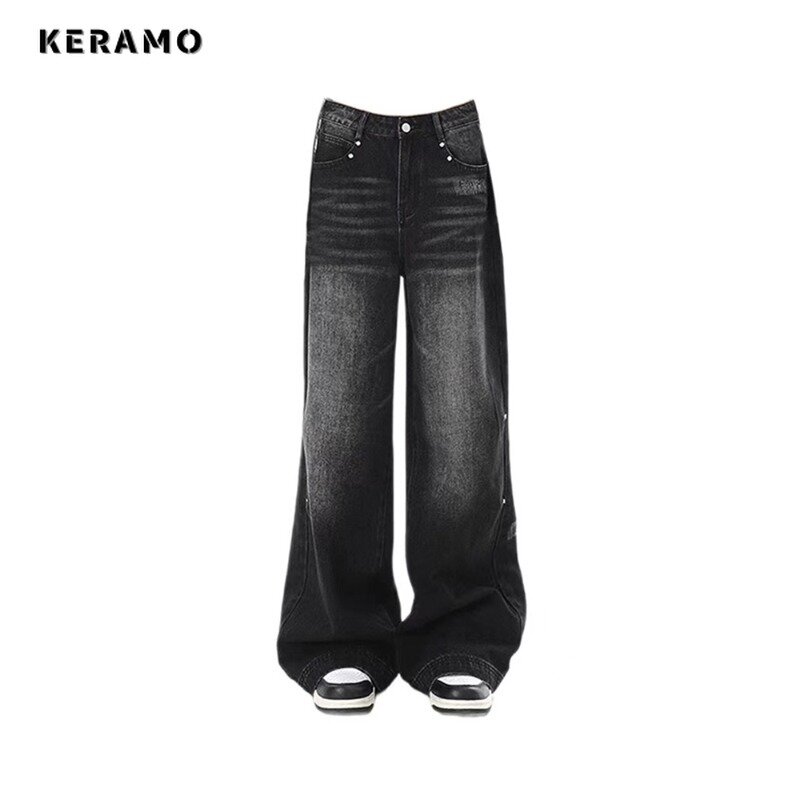 Retro szerokie nogawki damskie luźne spodnie jeansowe na co dzień Harajuku czarne sprane jeansy z wysokim stanem 2024 letnie japońskie luźne spodnie z lat 2000.