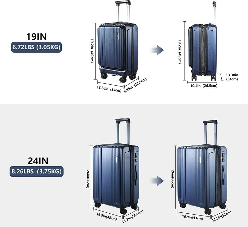 Комплект чемоданов из 2 предметов, передний карман для ноутбука 20/24 дюйма, расширяемый, легкий жесткий корпус из АБС и поликарбоната, Спиннер на колесах, замок TSA YKK на молнии, синий