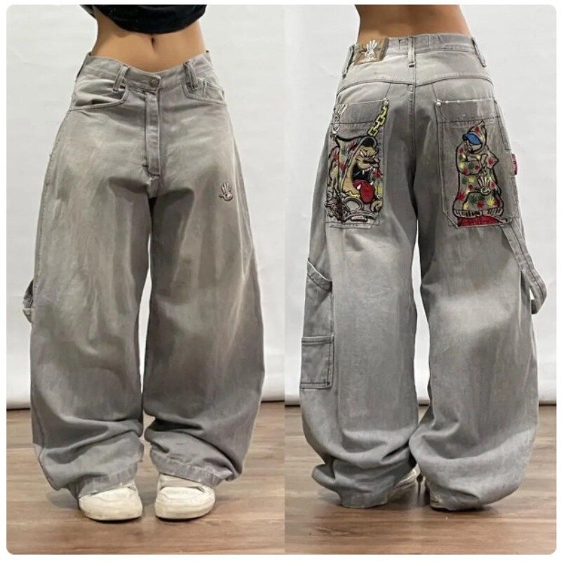 Винтажные джинсы большого размера Deeptown Y2k, уличная одежда в стиле Харадзюку, джинсовые брюки в стиле хип-хоп с вышивкой, мешковатые японские готические брюки 1920-х годов