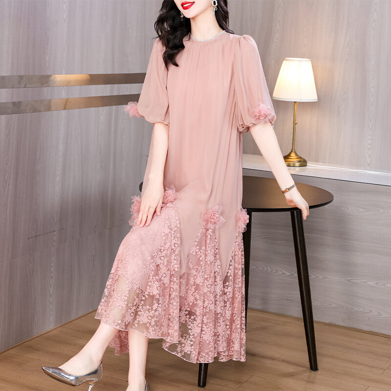 Women Luxury Floral Beading Embroidery Midi Dress 2024 Korean Elegant Loose Maxi Dress Summer Vintage Chic Party Evening Vestido