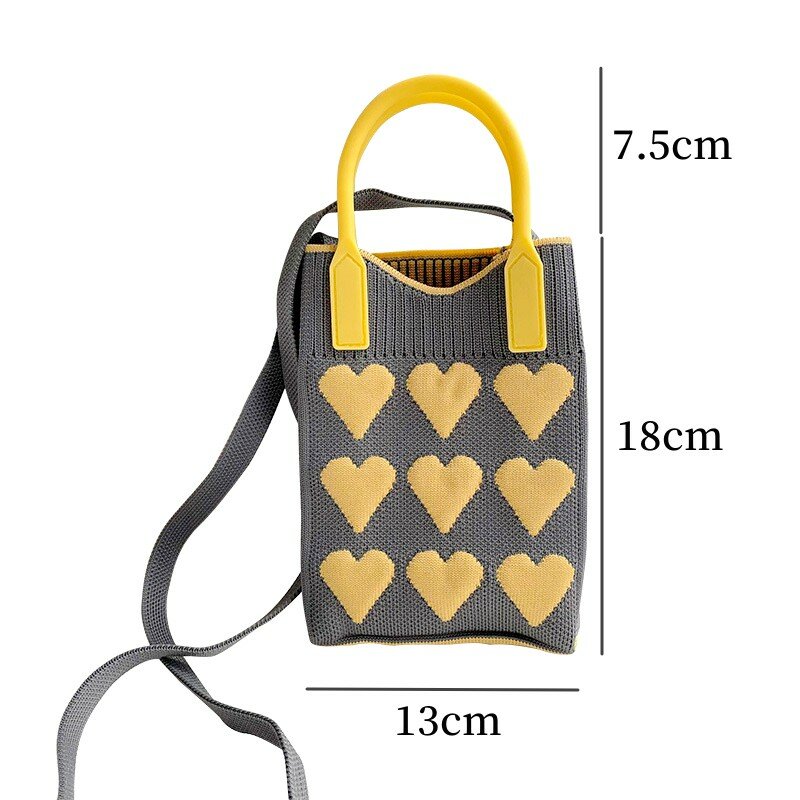 Mini bolso cuadrado de punto de corazón de moda coreana para mujer, bolsos de hombro pequeños para teléfono móvil, bolsos cruzados lindos para niñas al aire libre