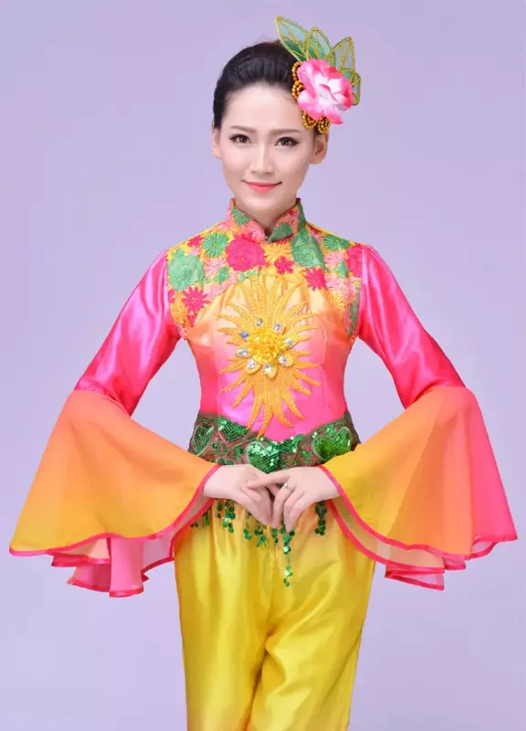 Traditionele Chinese Kleding Vrouwen Oude Yangko Folk Dance Fan Geel Kostuum Kostuums Vrouw Yangge Dansen Kleding