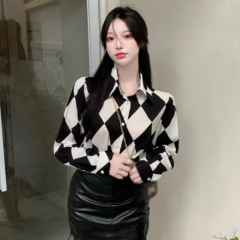 Women Shirts Loose Fit Long Sleeve Blouse Top Single Breasted Button Down Work Office Top Lapel Collar Shirts