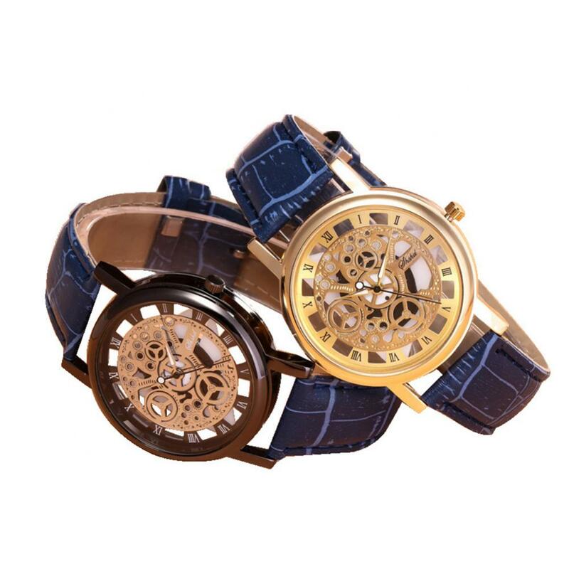 Relógios de aço inoxidável escavados exclusivos para homens e mulheres, relógio vintage, luxo, quartzo, esporte, couro