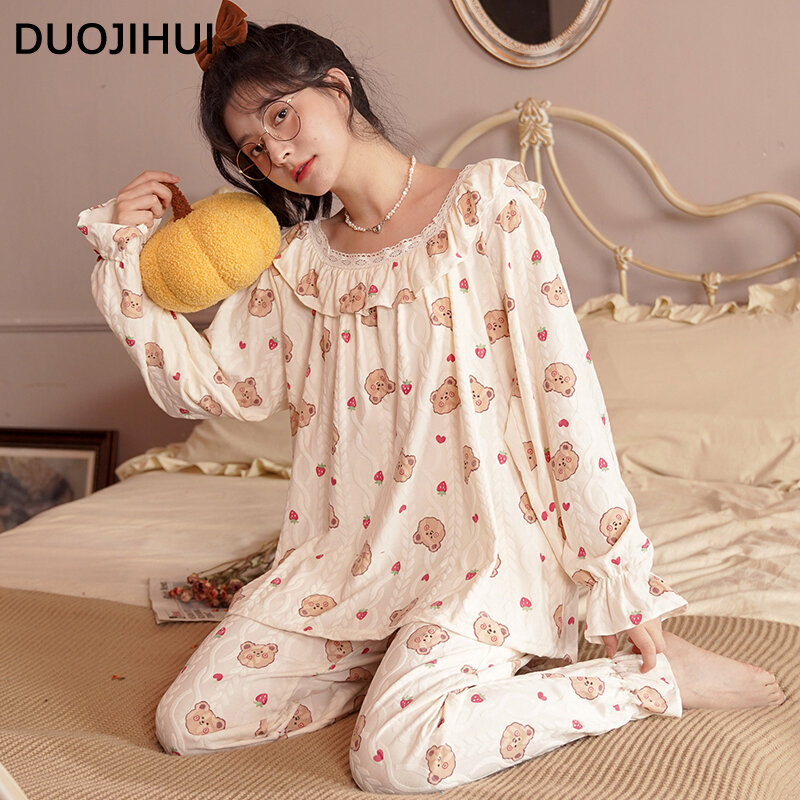 Duojihui Sweet Chic Print Casual Thuis Dames Pyjama Set Herfst Nieuwe Eenvoudige Lange Mouw Top Losse Broek Mode Dames Nachtkleding
