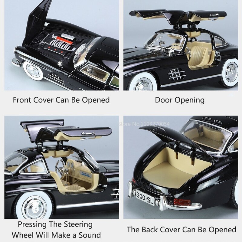 Modelos de coches de juguete Vintage 300SL, aleación fundida a presión, 4 puertas, neumáticos de goma abiertos, vehículos con luz de sonido, alta simulación para regalos de niños, 1/24