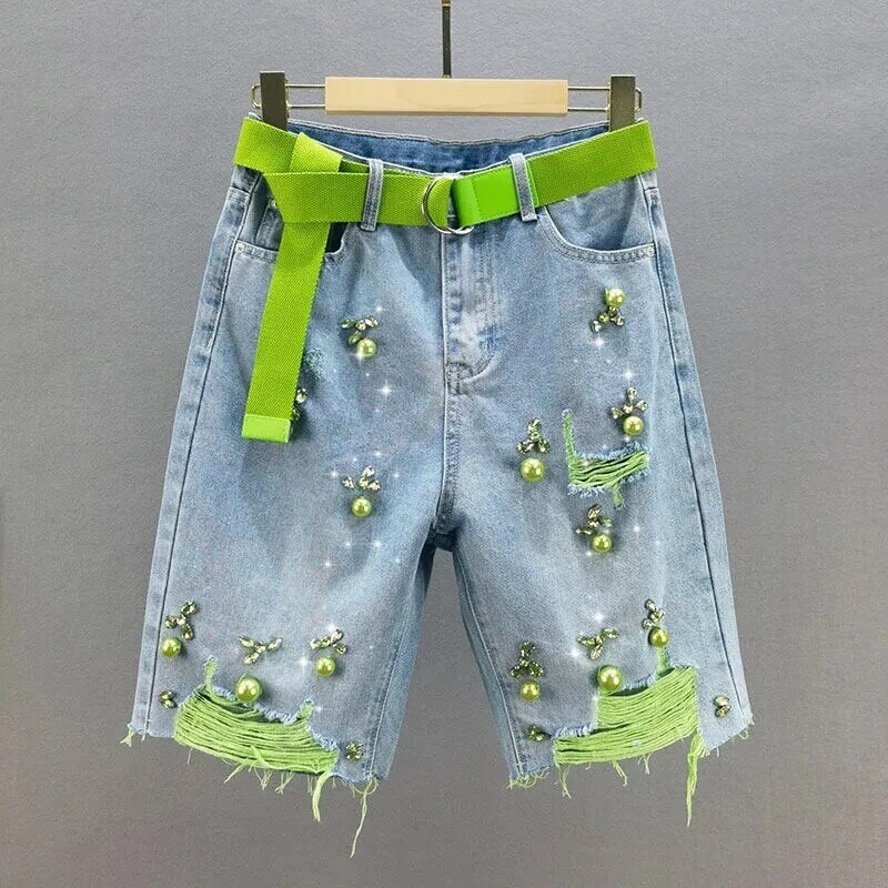 Женские джинсовые шорты с бриллиантами, Свободные повседневные короткие бриджи с высокой талией и бусинами, лето 2024