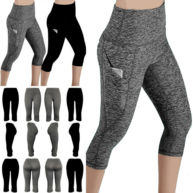 Celana legging 3/4 celana kasual wanita, celana panjang pinggang tinggi kebugaran olahraga desain Capri kantong samping legging olahraga