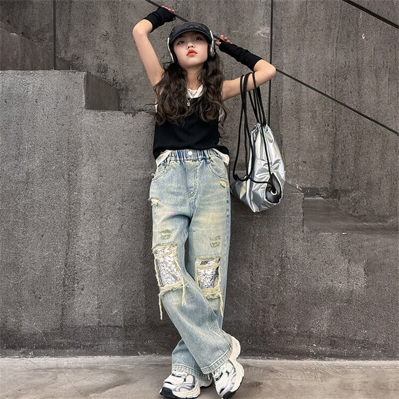 Girls' bright jeans Fashion 2024 new children's wide-leg pants style spring and autumn ripped pants 6-15 years old
