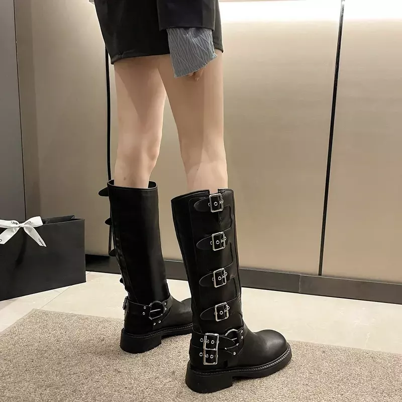 Stivali da donna piattaforma alta al ginocchio elegante tendenza tacco basso Punk gotico New Rock Leather Fashion scarpe da donna calzature da moto