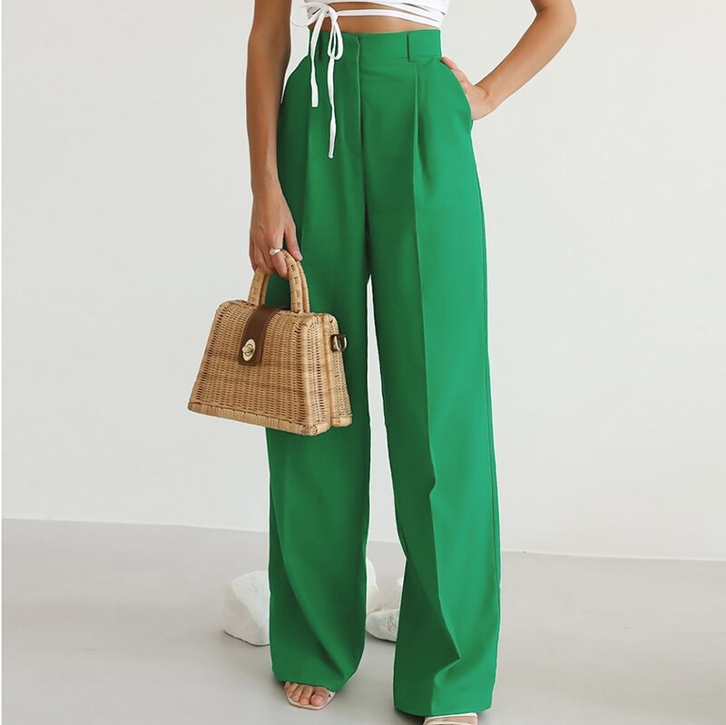 2023 wiosenne damskie zielone spodnie z wysokim stanem z szerokimi nogawkami kostium damski spodnie luźne zwykłe długie spodnie