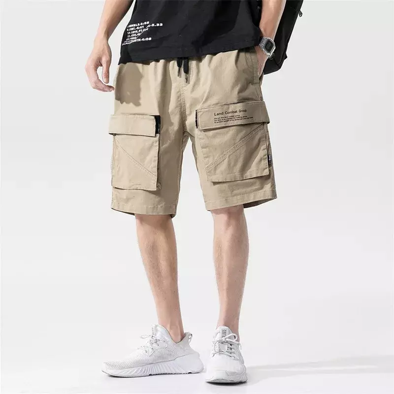 Calções de carga multi-bolsos masculinos, reto, bolso grande, casual, nova marca, tendência, moda verão