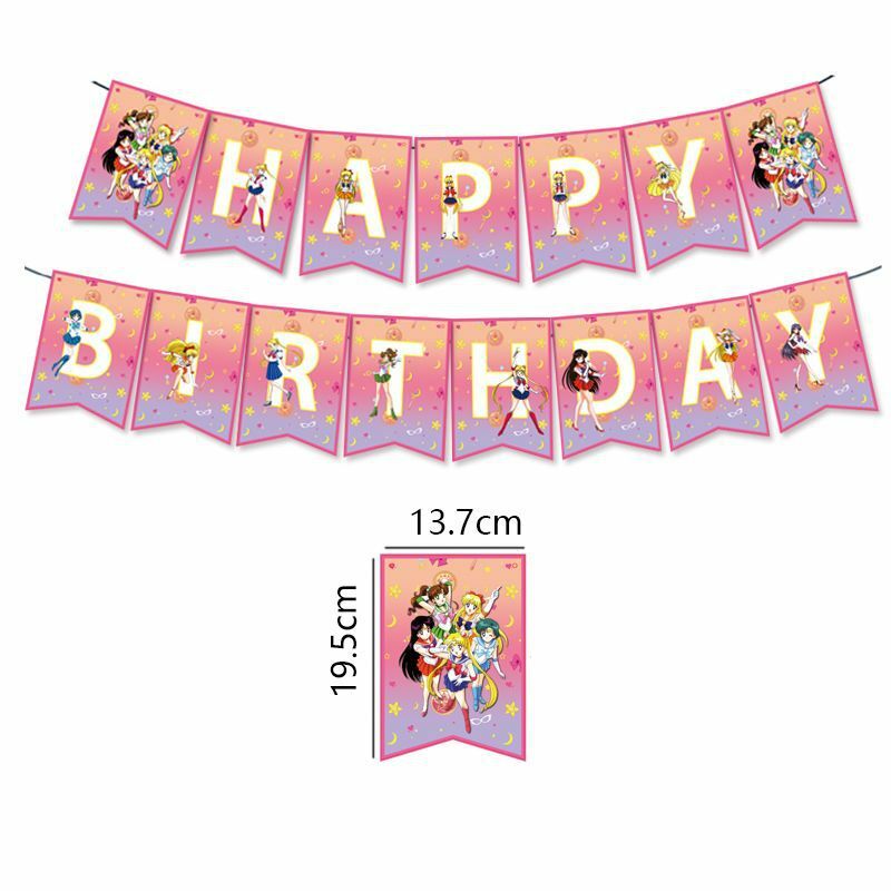 Louça descartável de Sailored Moon para meninas, Copo e prato, Balão e banner, Toalha de mesa para crianças, Decoração de aniversário Baby Shower