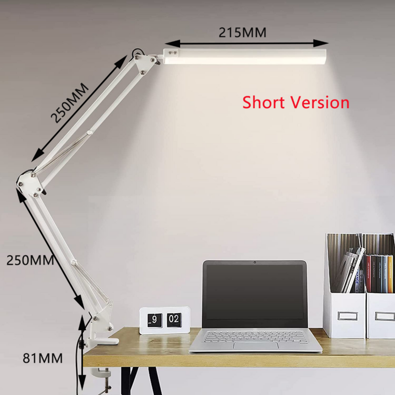 Lampe de bureau LED à bras oscillant avec pince, lumière de bureau à intensité variable, soin des yeux, 10 niveaux de luminosité, 3 modes d'éclairage, 10W