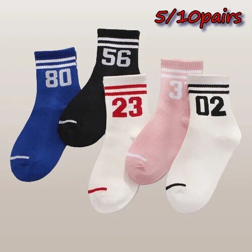5/10 Pairs High Quality Middle Tube Socks Two Bars Digital Middle Tube Socks Two Bars College Style Sports Couple Socks