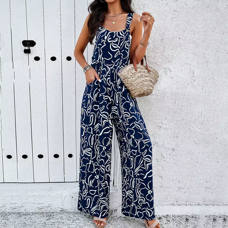 Summer Sleeveless High Jumpsuit 2024 Women Abstract Print Jumpsuit Chic Streetwear Wide Leg Romper Mujer Outfits Workwear