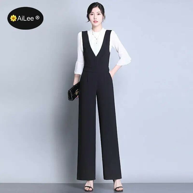 Women Jumpsuit Summer Fashion V Neck Sleeveless Lapel Solid Black Office Lady Lace Up Loose Wide Legs Romper High Streetwear