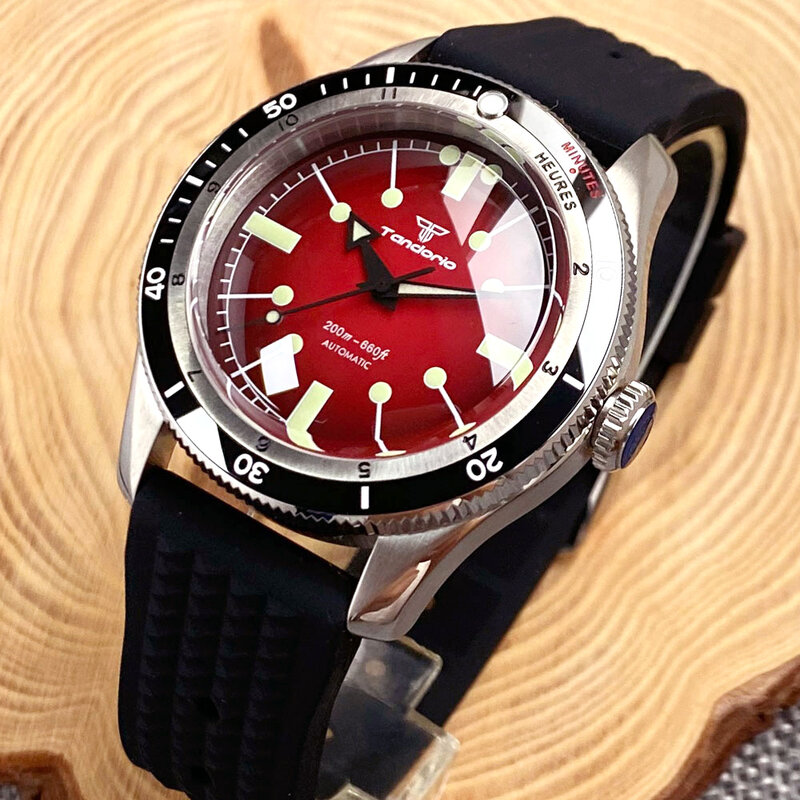 Tandorio-relojes de acero para buceo para hombre, pulsera automática NH35 PT5000, cúpula de cristal de zafiro, esfera roja/azul, 120 clics