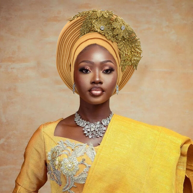 Elegante gorro de turbante africano Autogele para mujer, listo para usar Gele nigeriano de boda, tocado con encaje bordado, sombreros de fiesta