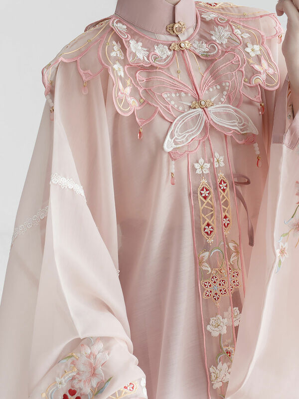 2024 new national style pink cloud shoulder standing collar long dress pleated skirt hanfu three-piece female hanfu set w399