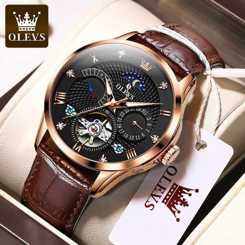 Olevs-メンズ自動時計,中空アウトフライホイール,オリジナルのメカニカル腕時計,レザーストラップ,ムーンフェーズ