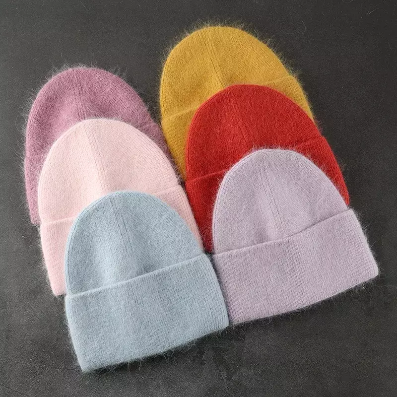 Chapéu de inverno feminino tricotado angorá pele de coelho gorros de malha fofos gorro de luxo coreano gorro de crânio macio feminino 2023